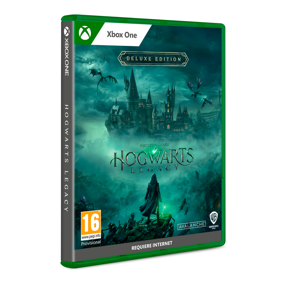 Pudełko gry Xbox One dla Hogwarts Legacy Deluxe Edition, z zamkiem, postacią i smokami.