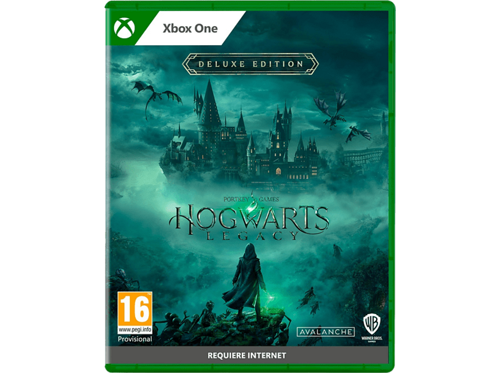 Okładka gry Hogwarts Legacy, Xbox One. Przedstawia postać w płaszczu przed zamkiem Hogwart.