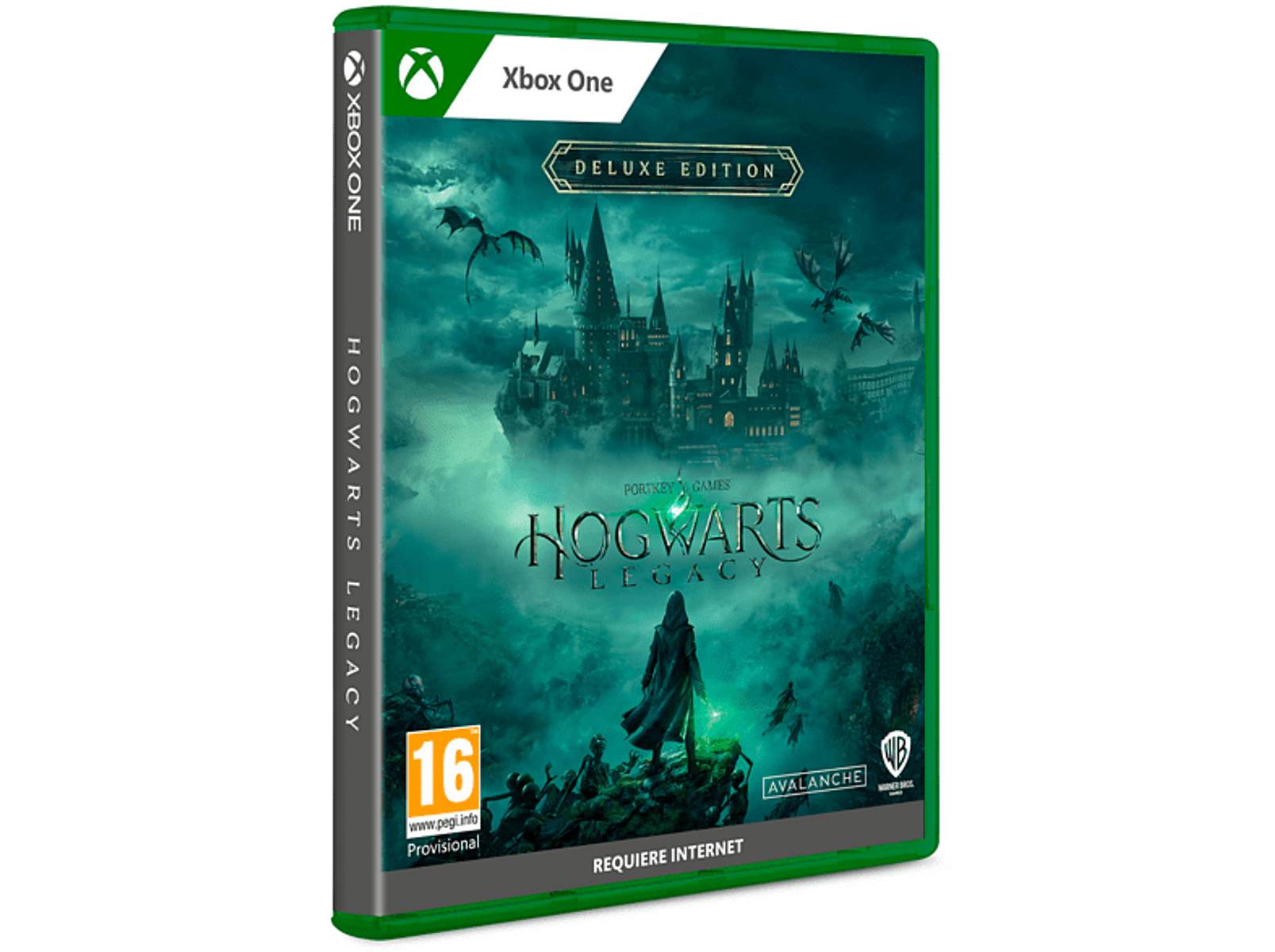 Pudełko gry Hogwarts Legacy Deluxe Edition z czarodziejem, zamkiem i smokami.