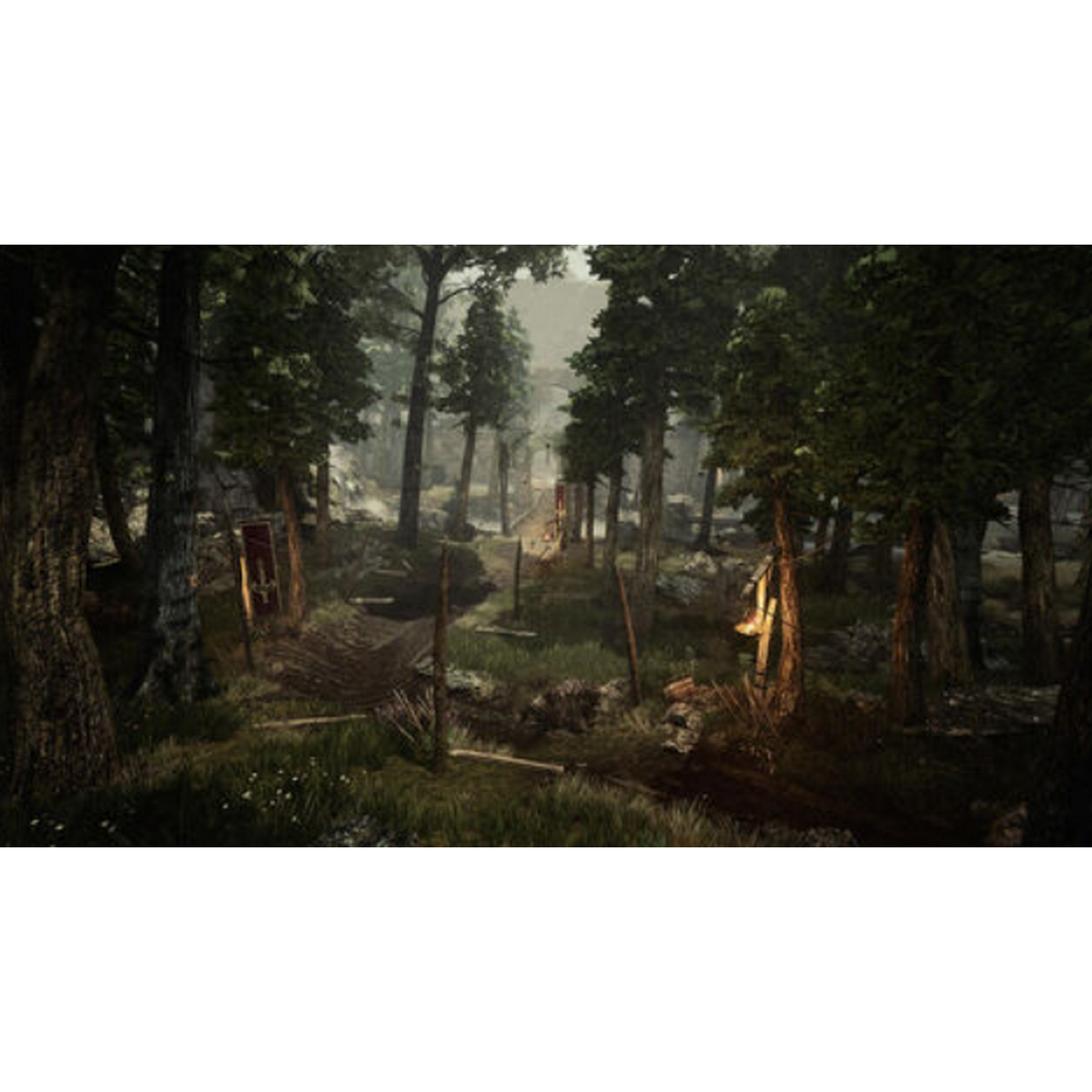 Scena di foresta da un gioco. Alberi, sentieri e bandiere sono presenti.