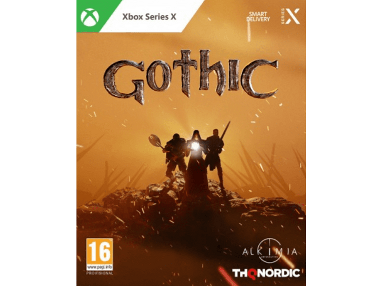 Copertina del gioco Gothic. Due figure con armi davanti a un tramonto.
