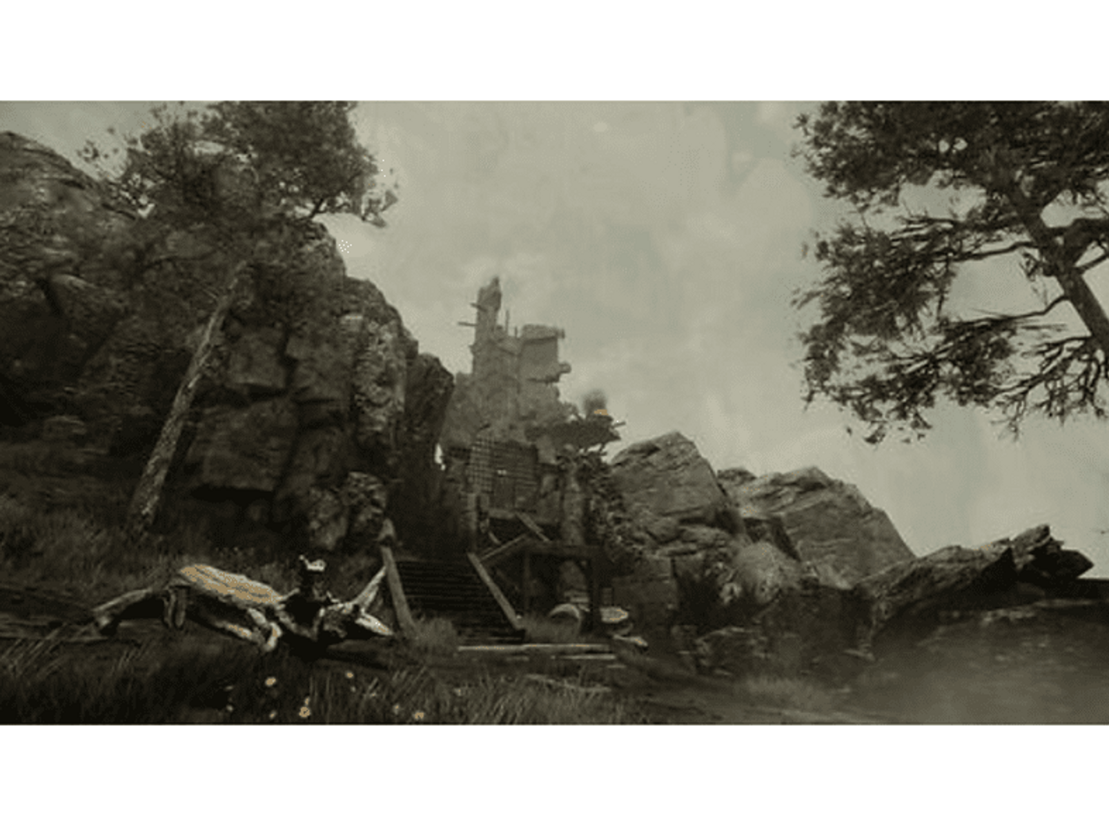Un'immagine in seppia di un castello su una collina rocciosa con alberi e un ponte di legno.