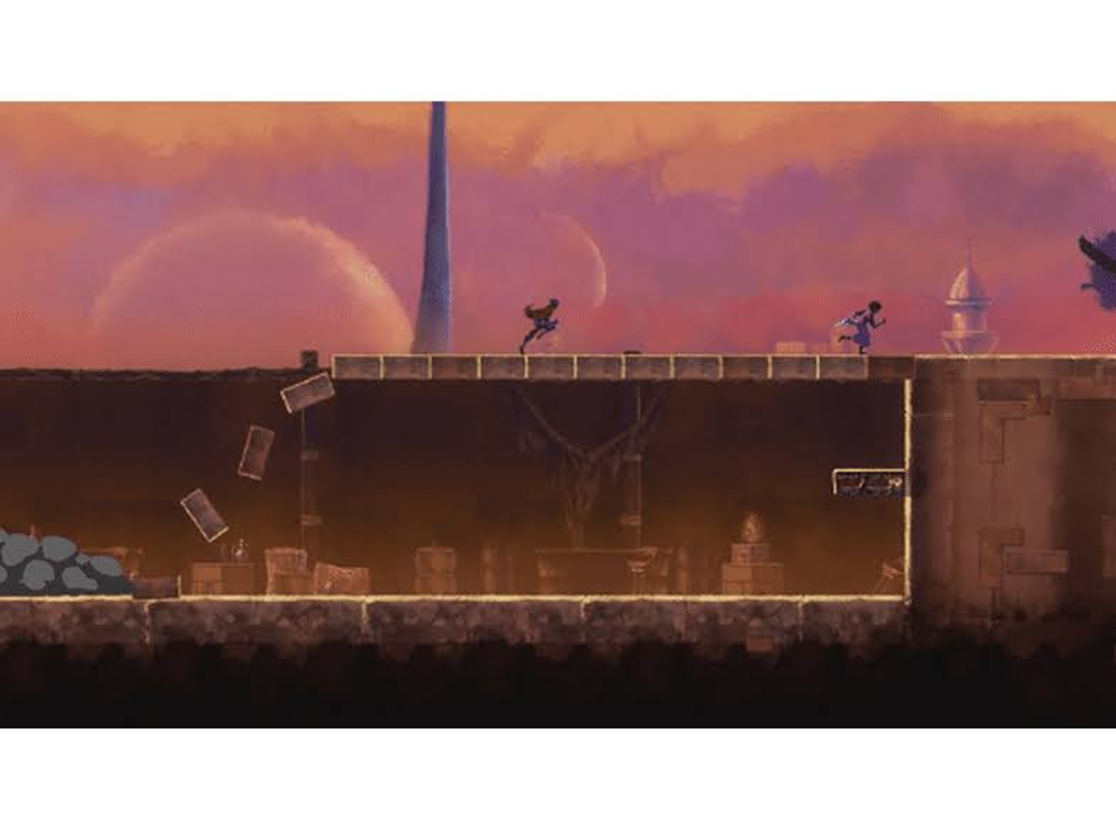 Una escena de juego pixelada con dos personajes corriendo por un puente sobre un abismo oscuro, fondo de puesta de sol.