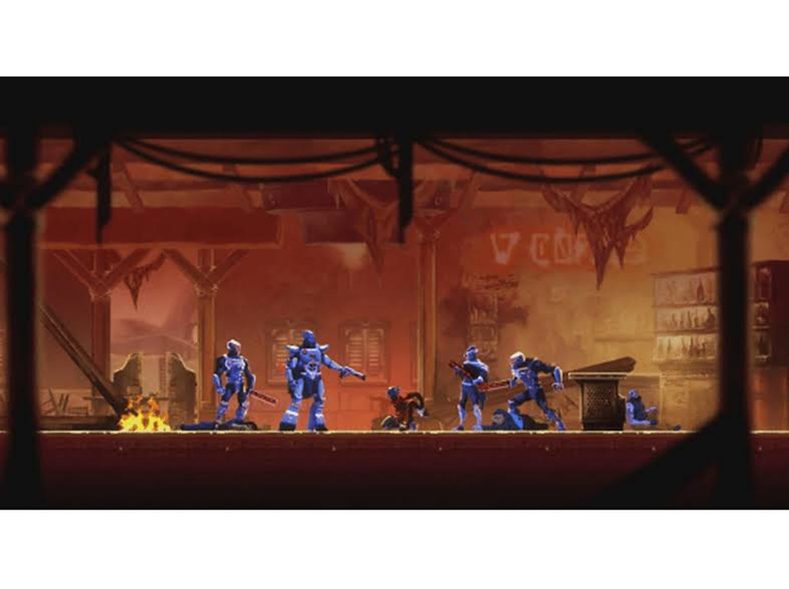 Scena animata di figure blu corazzate con armi in un ambiente industriale illuminato di rosso.