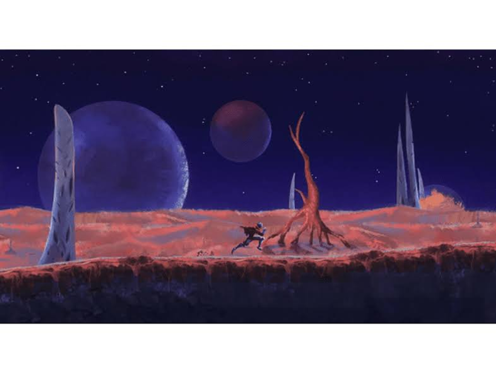 Una figura in silhouette corre su un paesaggio rosso sotto un cielo scuro con pianeti e alte guglie.