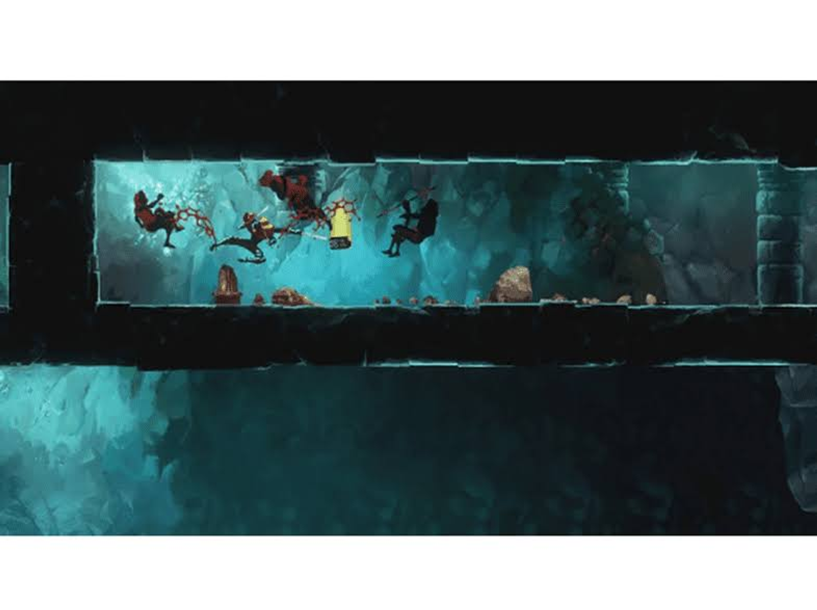Scena d'azione di un gioco con figure che combattono in un ambiente scuro e acquatico.