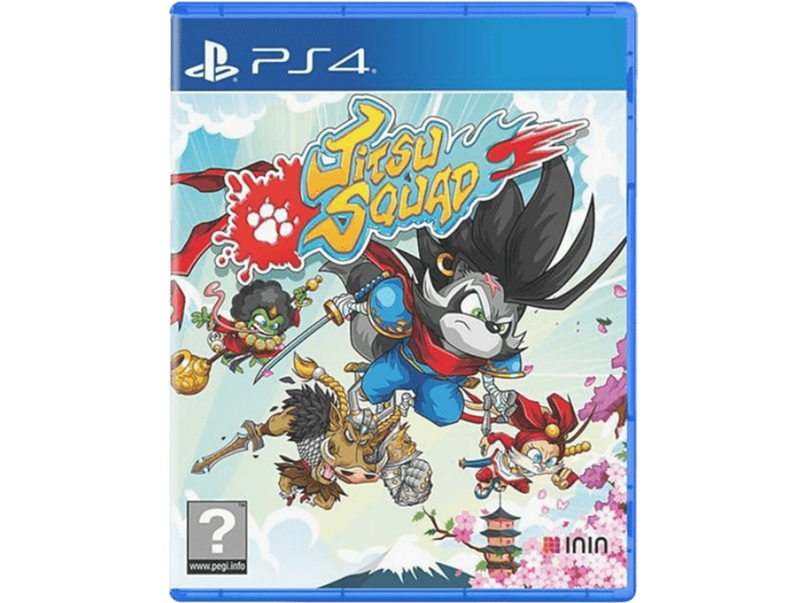 Scatola del gioco Jitsu Squad per PS4. Personaggi dei cartoni animati sulla copertina. Età 12+.