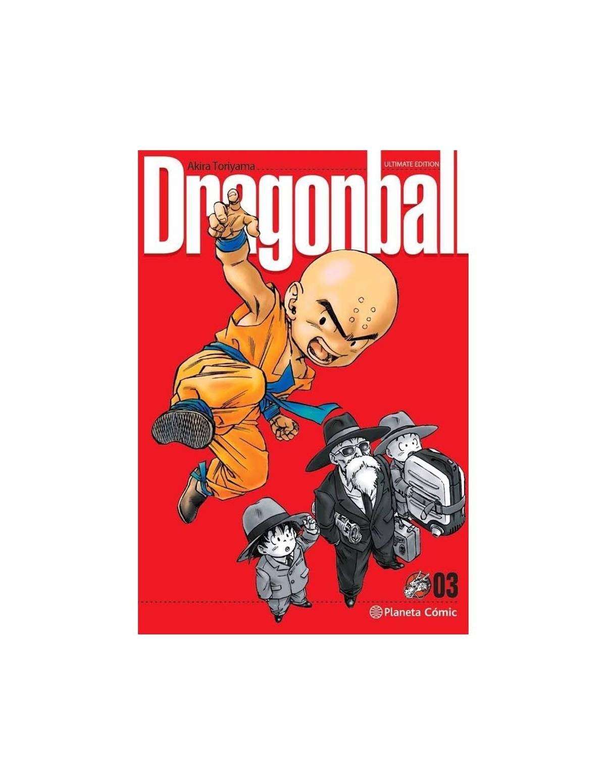 Portada del manga Dragonball. Un niño levanta la mano y hay hombres con trajes negros.