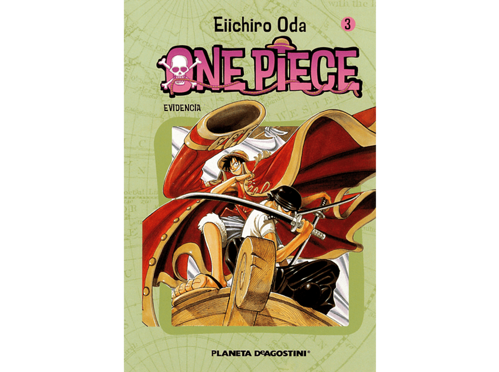 Portada de manga. Dos figuras en acción, una con espada y capa roja, en un barco.