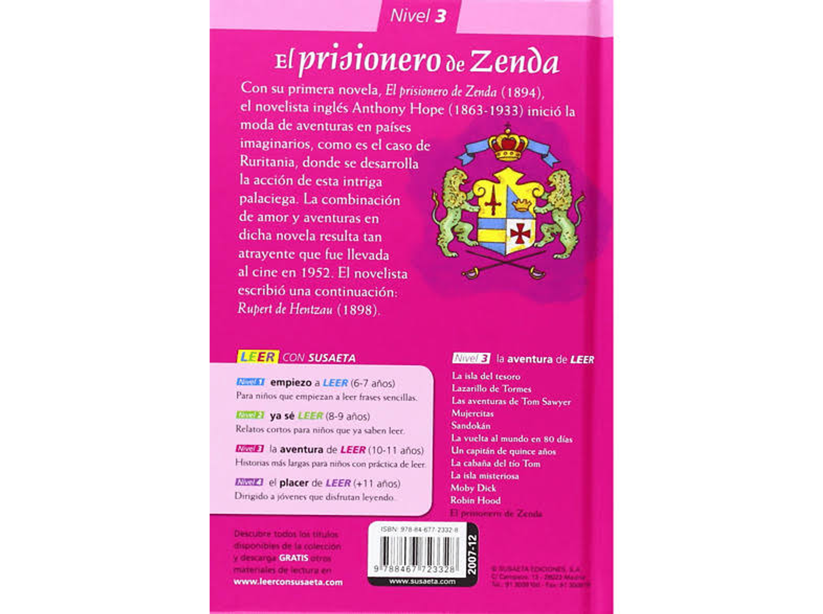 Portada del libro. Título: El prisionero de Zenda. Se muestra un escudo de armas. Texto en español.