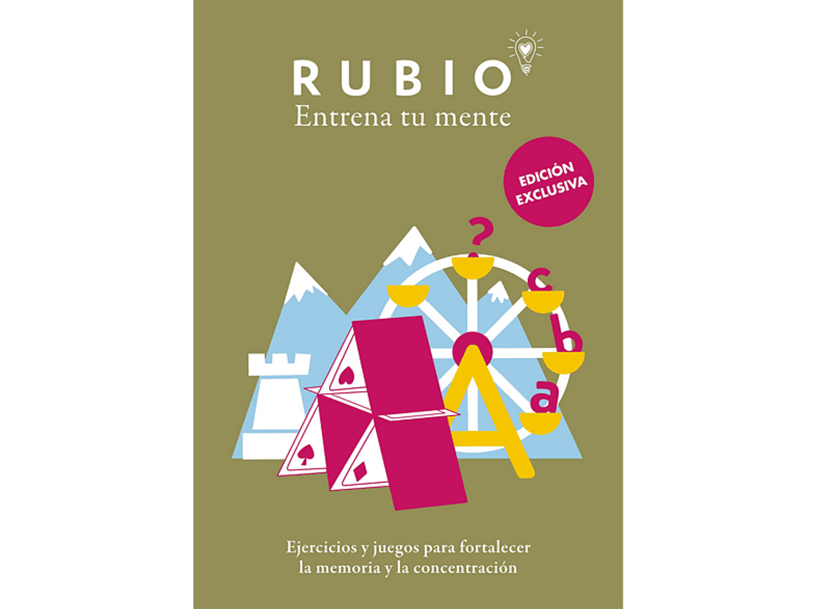 Portada del libro con noria, naipes y montañas. Texto: RUBIO Entrena tu mente.