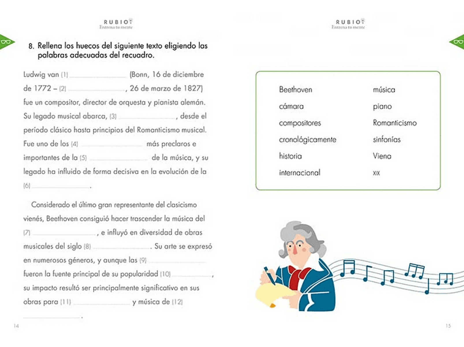 Una hoja de trabajo escolar con preguntas sobre Beethoven y términos musicales.