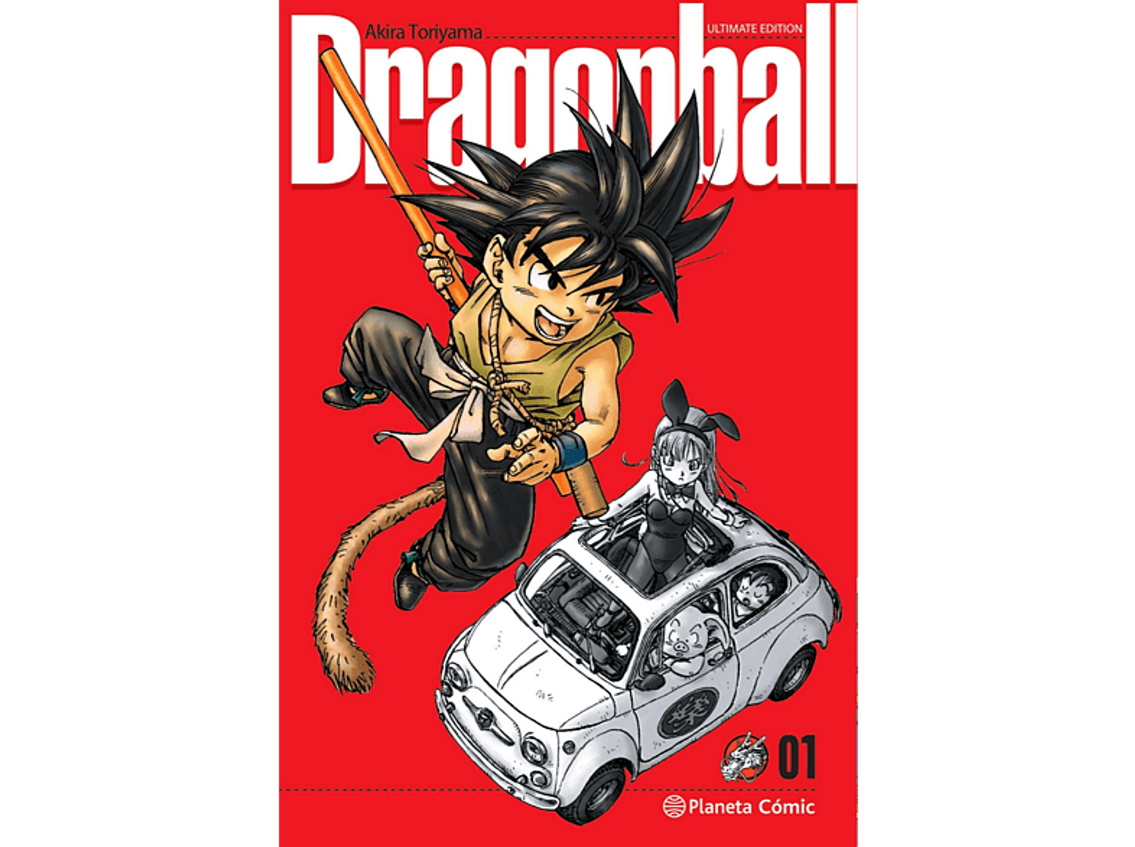Portada cómic Dragon Ball: Goku con bastón, coche con chica, fondo rojo.