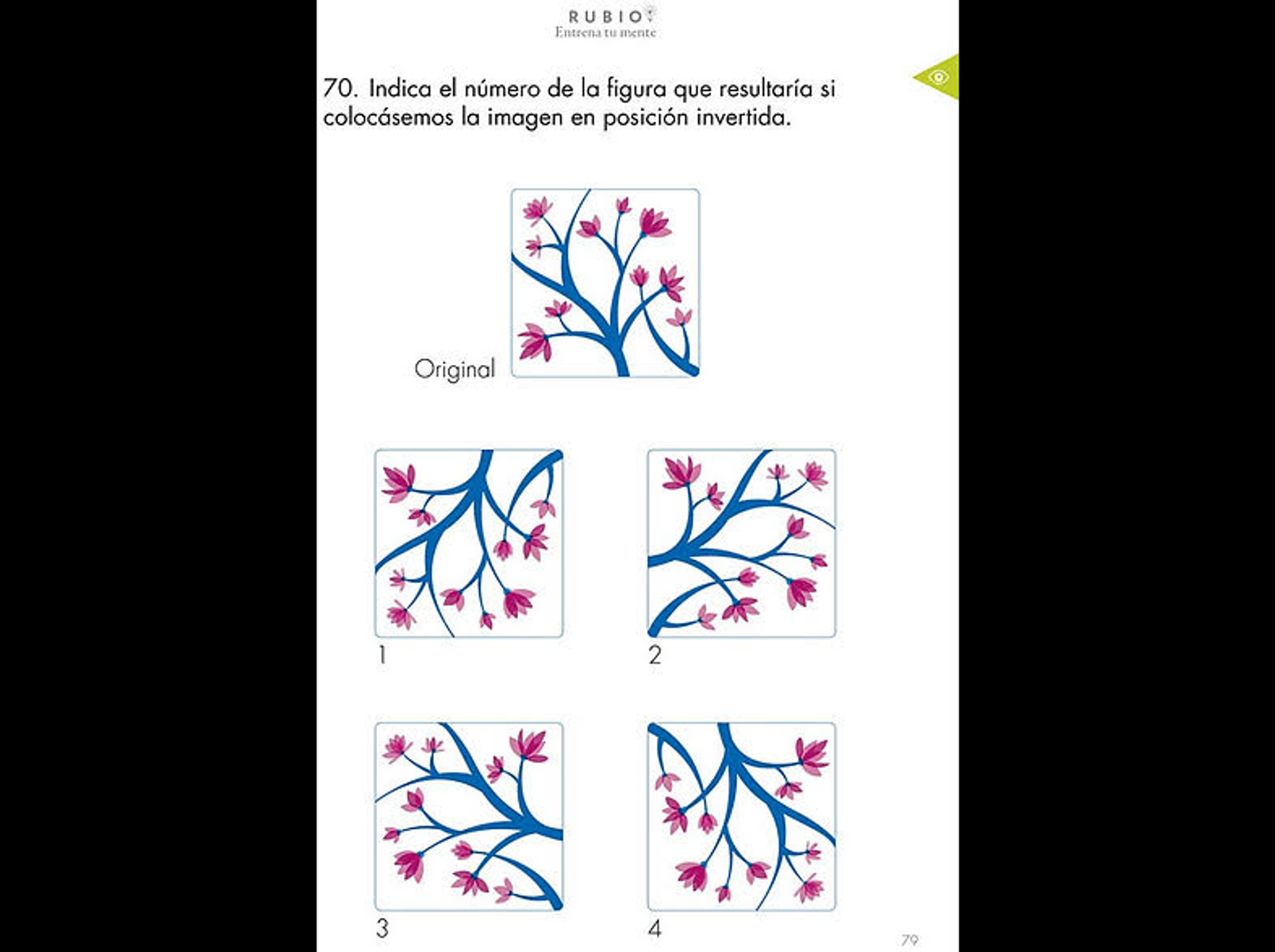 Un rompecabezas lógico que muestra un árbol con hojas rosas. La tarea es encontrar la posición invertida.