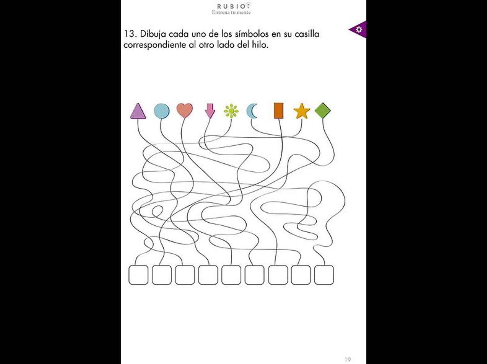 Una página de rompecabezas con formas conectadas por líneas. La tarea es dibujar los símbolos en los cuadros.