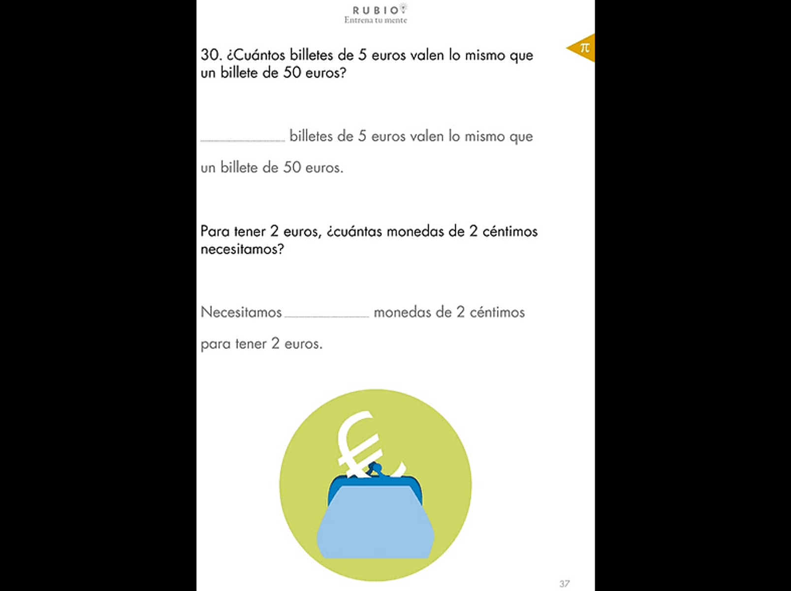 Página de un libro de ejercicios de matemáticas con preguntas sobre euros. Contiene una imagen de un monedero con el signo del euro.