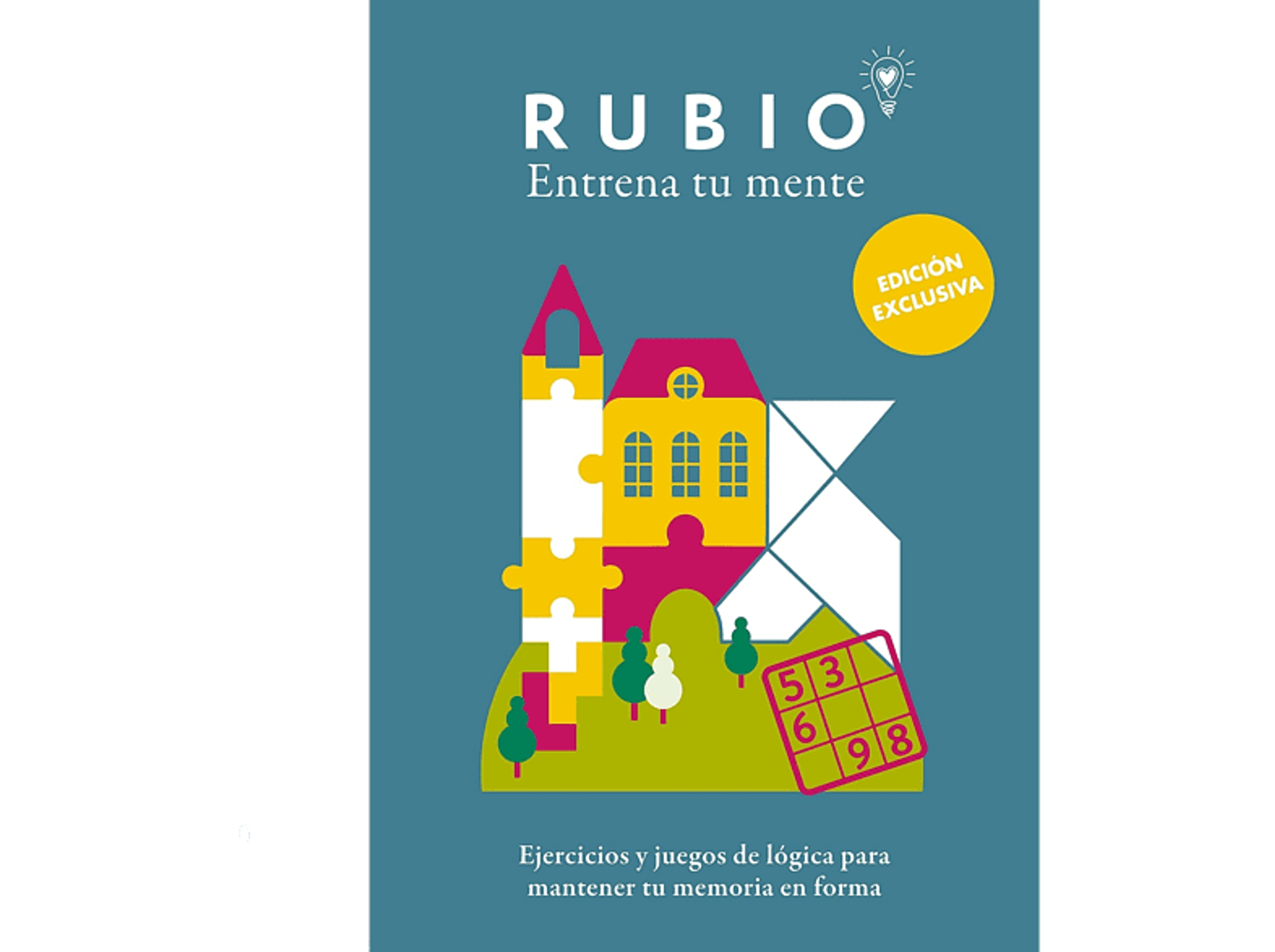 Una portada de libro con un rompecabezas de casa colorido, cuadrícula de sudoku y texto en español.