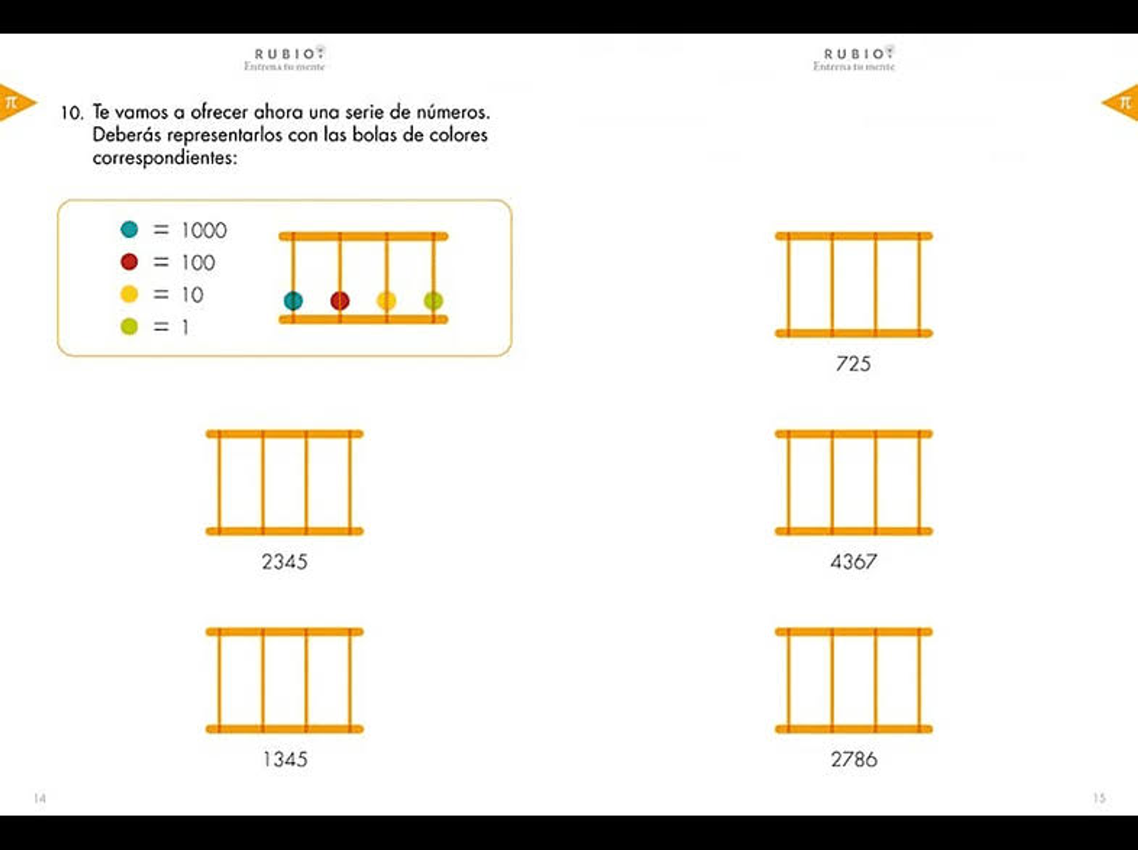 Una hoja de trabajo de matemáticas con representaciones de números tipo ábaco e instrucciones en español.