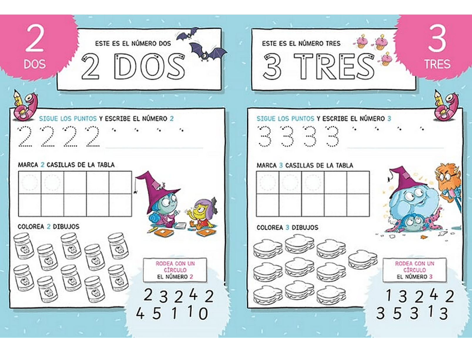 Páginas de cuaderno de ejercicios en español con números y dibujos. Dos páginas con murciélagos, botellas y monstruos.