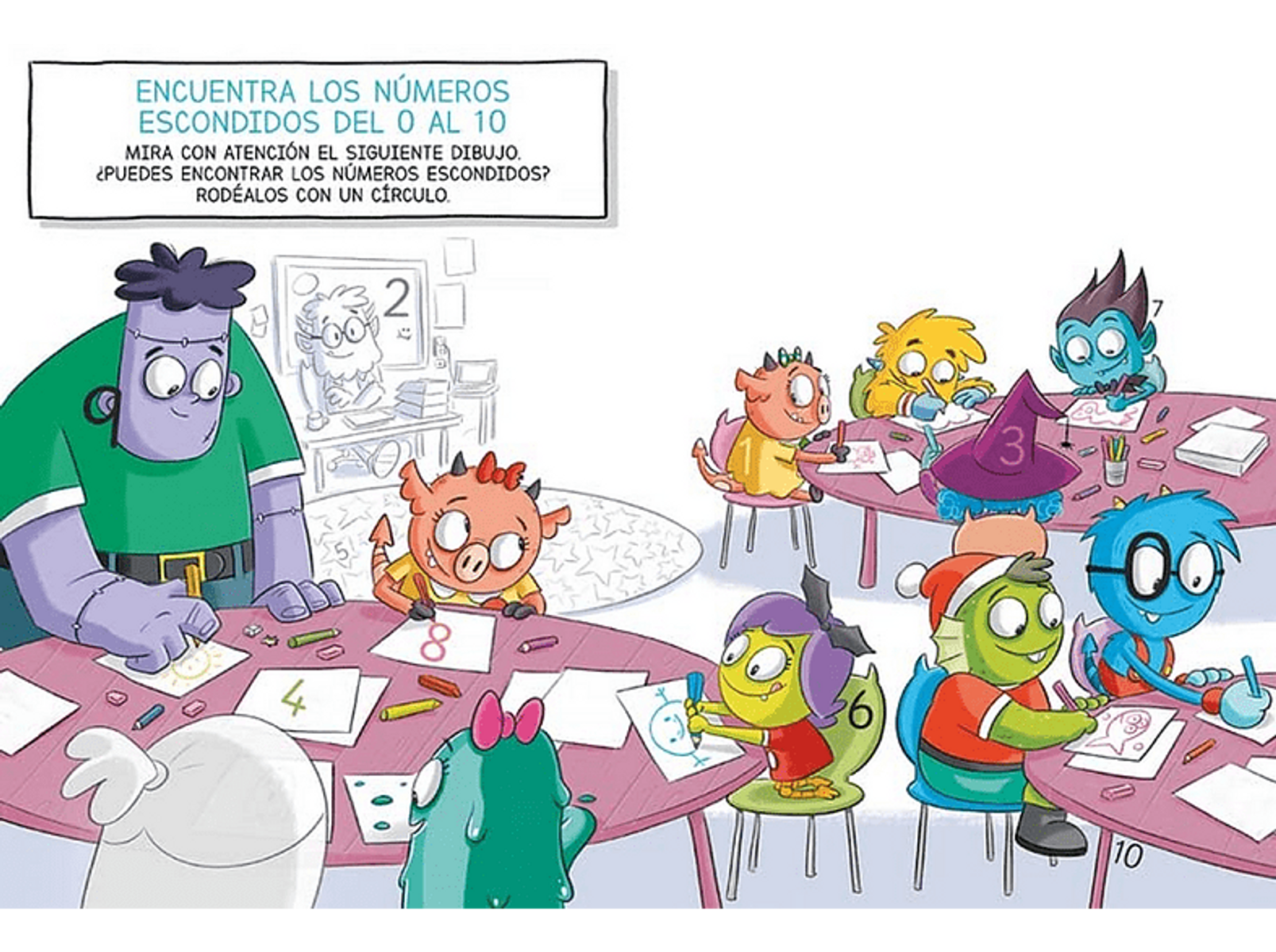 Ilustración: niños en escritorios, encontrando números. Los números 0-10 están ocultos en la escena.
