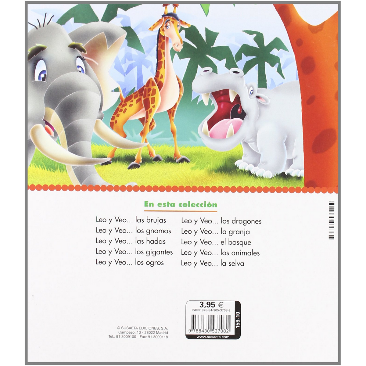 Contraportada de un libro infantil español con ilustraciones de animales y texto sobre la colección.