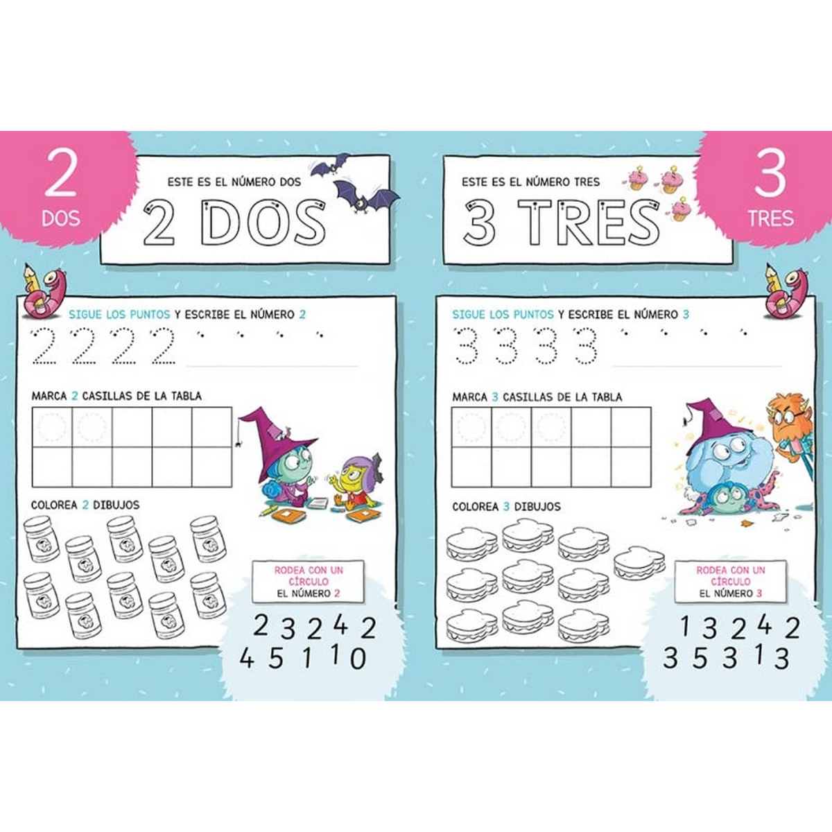 Hoja de trabajo educativa para niños con práctica de escritura de números y ejercicios de dibujo.