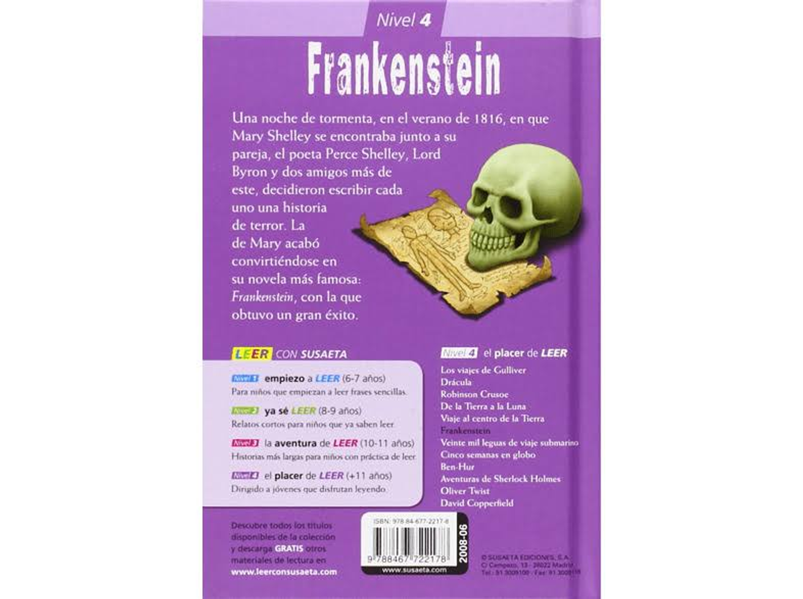 Contraportada del libro 'Frankenstein' con una calavera, un pergamino antiguo y texto en español sobre la historia.