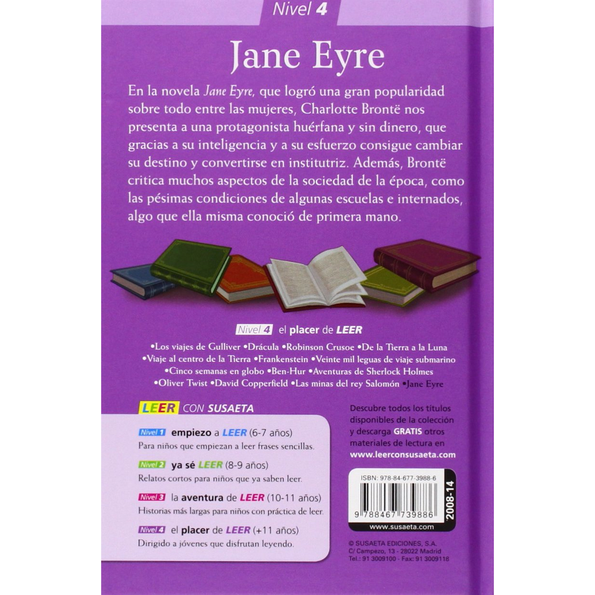 Portada del libro Jane Eyre. Texto en español, con otros libros debajo y una tabla de nivel de lectura.