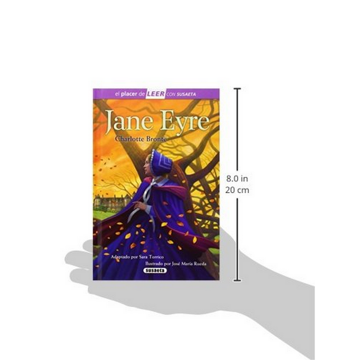 Portada del libro: 'Jane Eyre' de Charlotte Bronte, con una mujer con un abrigo morado. Libro y regla.