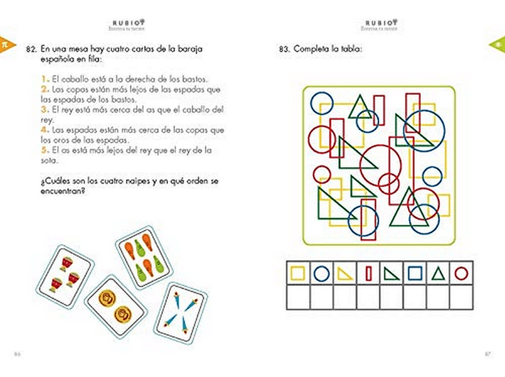 Página de cuaderno de trabajo español. Contiene formas y cartas. Texto e ilustraciones. Marca Rubios.