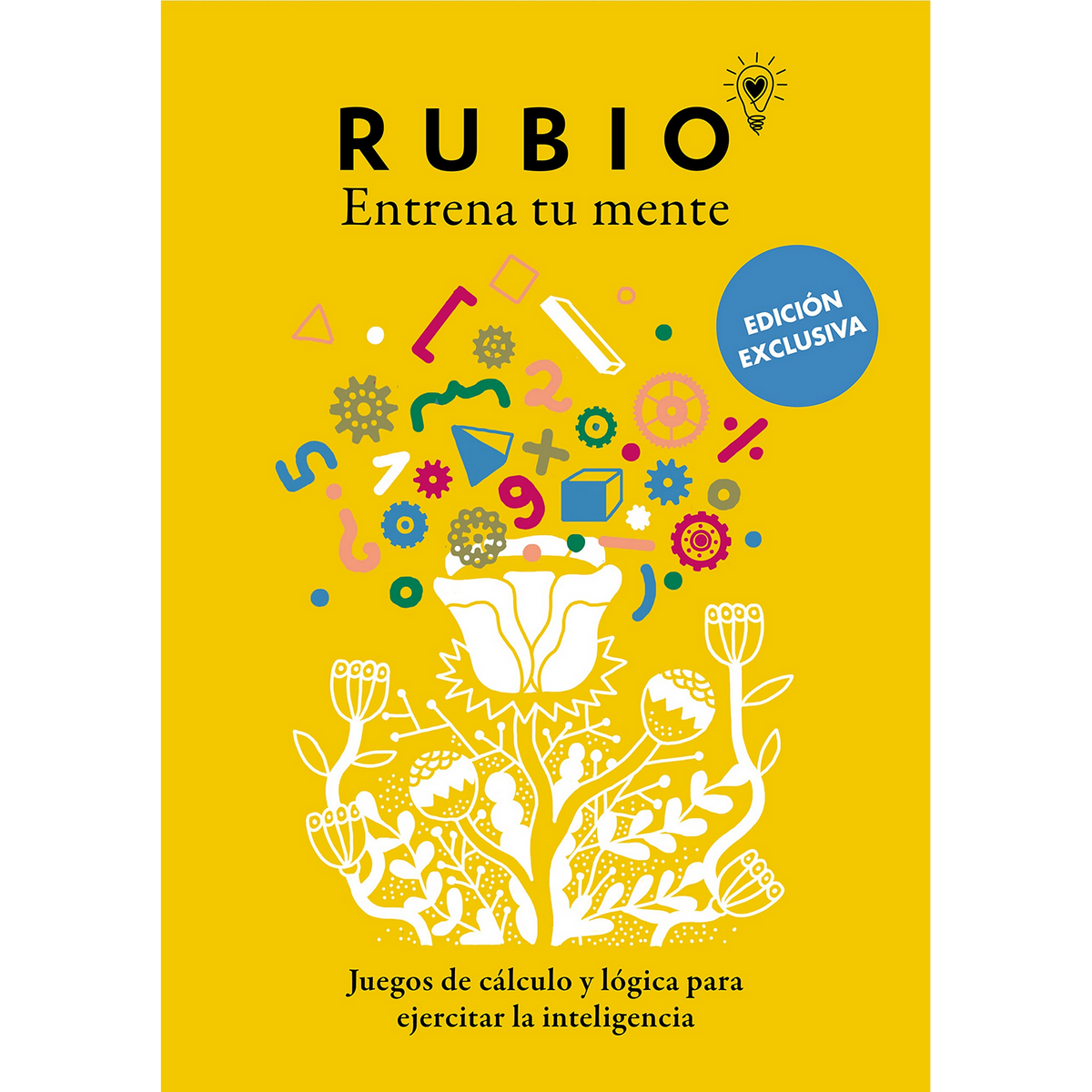 Portada del libro con el título 'RUBIO' y formas abstractas coloridas sobre fondo amarillo.