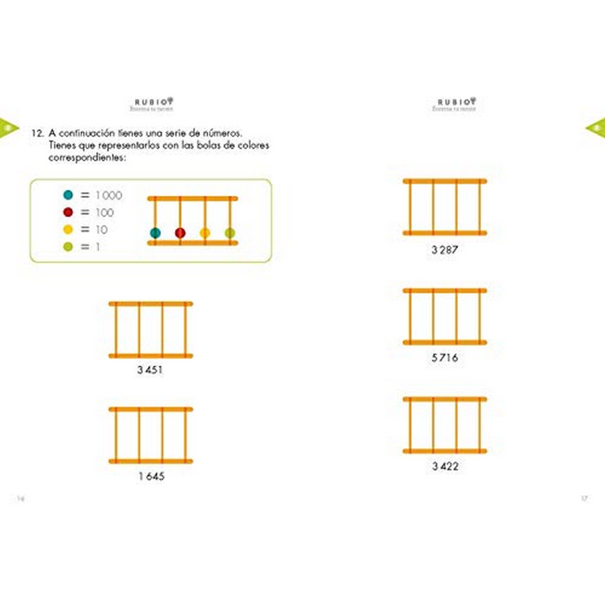 Dos páginas de un libro de trabajo muestran problemas de matemáticas. La página derecha muestra ábacos con números.