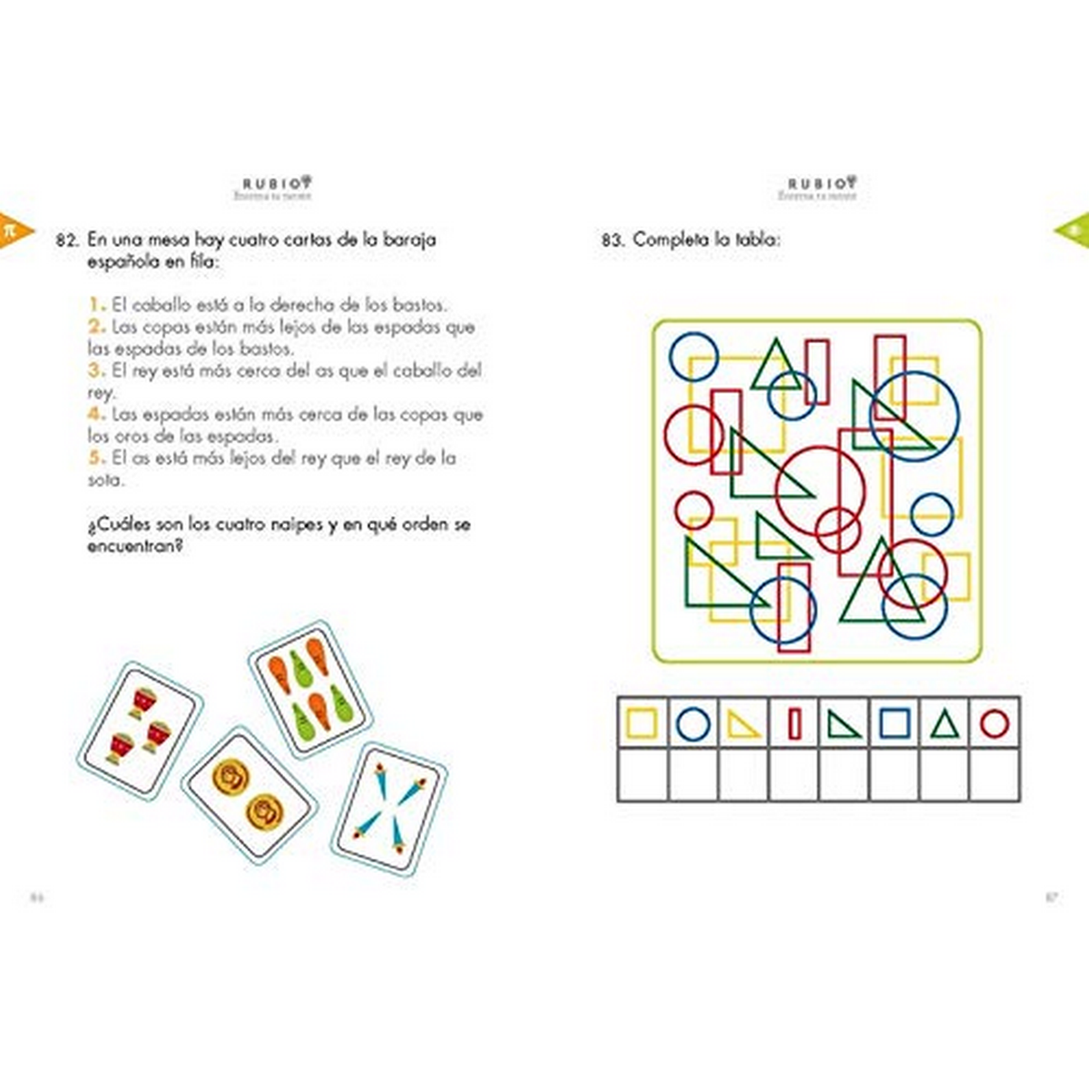 Página de libro con problemas de matemáticas, formas y cartas con símbolos.