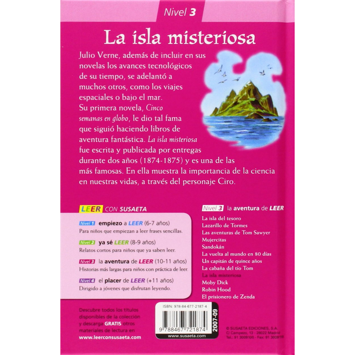 Portada del libro 'La isla misteriosa' de Julio Verne, con texto e ilustraciones.