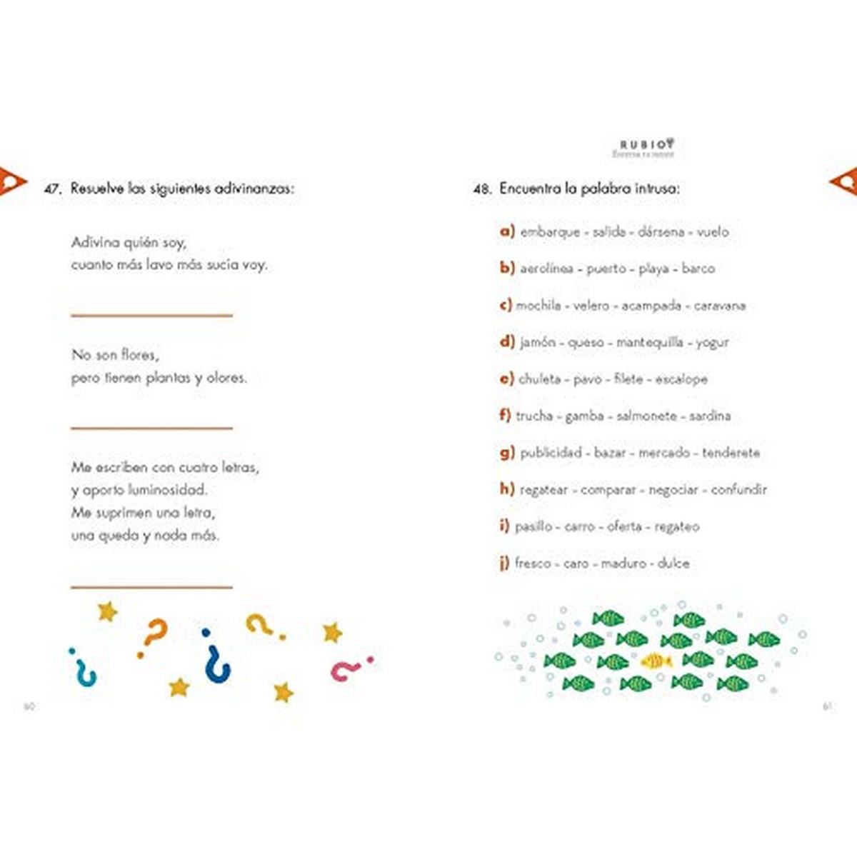 Una página de un libro de trabajo en español con acertijos, preguntas y una fila de ilustraciones de peces verdes.
