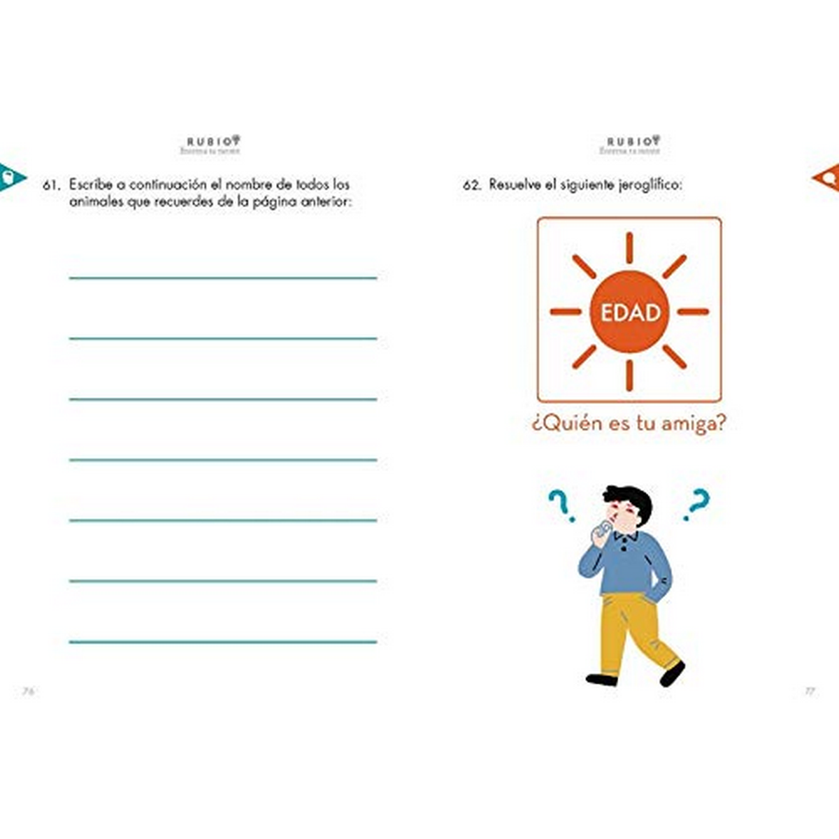 Páginas de libro con ejercicios: escribir nombres de animales y resolver un rompecabezas. Se muestra a un niño pensando.