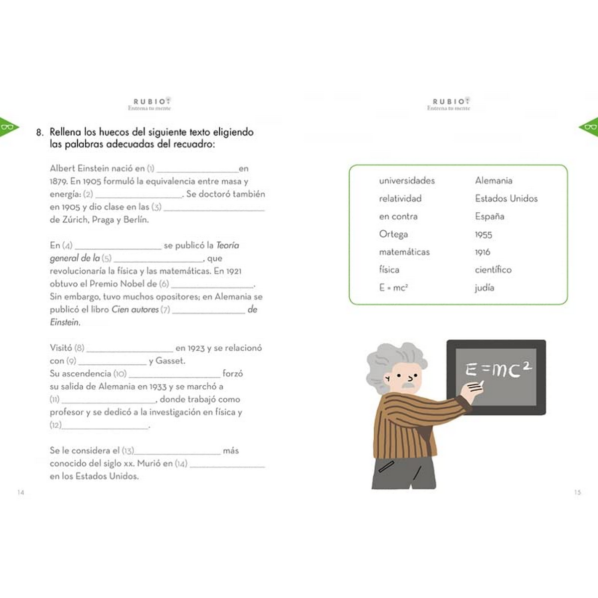 Página de libro de texto con espacios en blanco sobre Einstein. Una ilustración de Einstein con una ecuación.