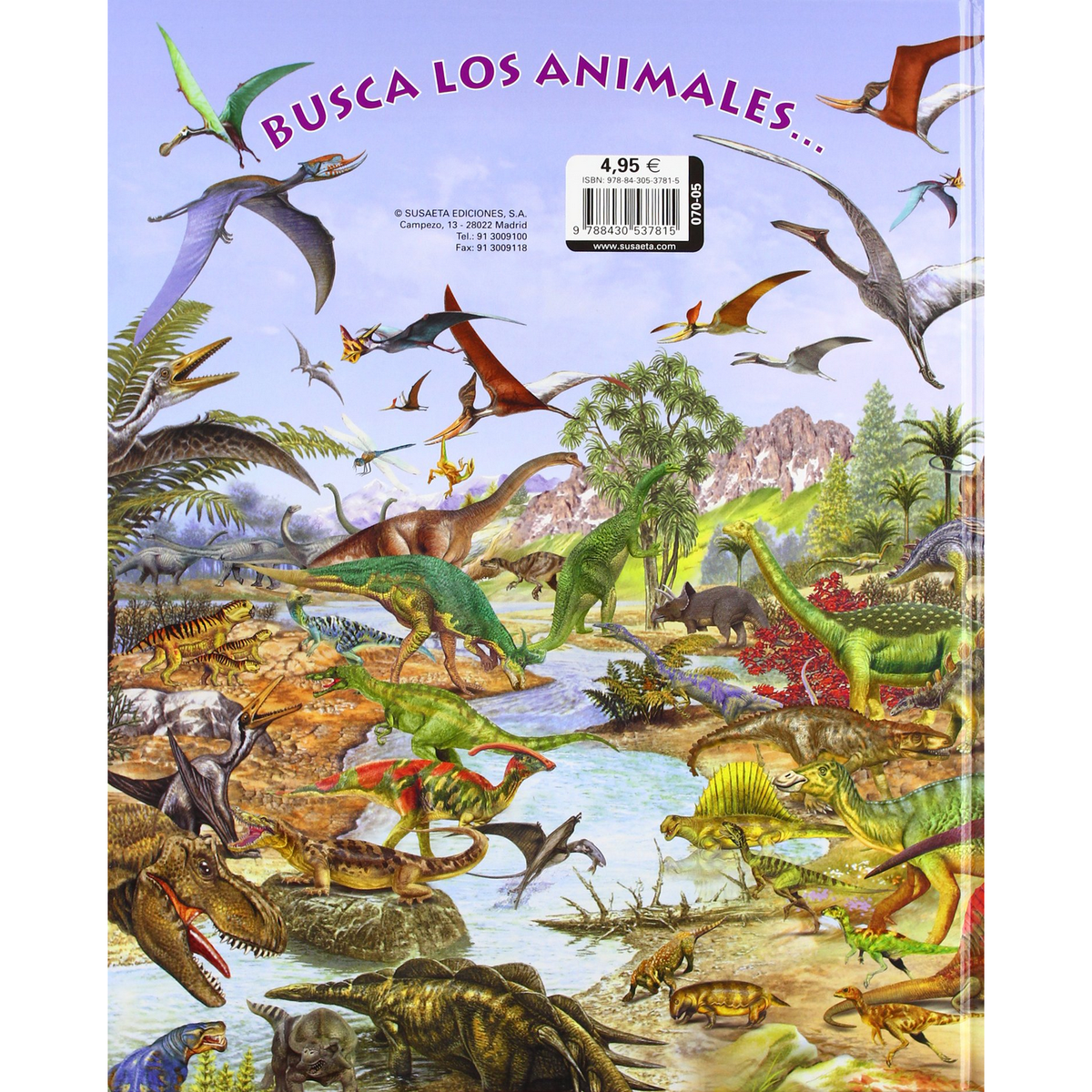 Una portada de libro que representa varios dinosaurios en un entorno selvático. El título es 'Busca Los Animales'.