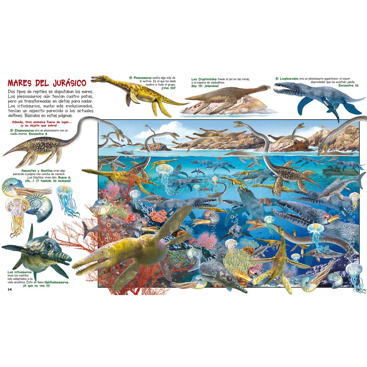 Ilustración de criaturas marinas prehistóricas en un entorno oceánico colorido.
