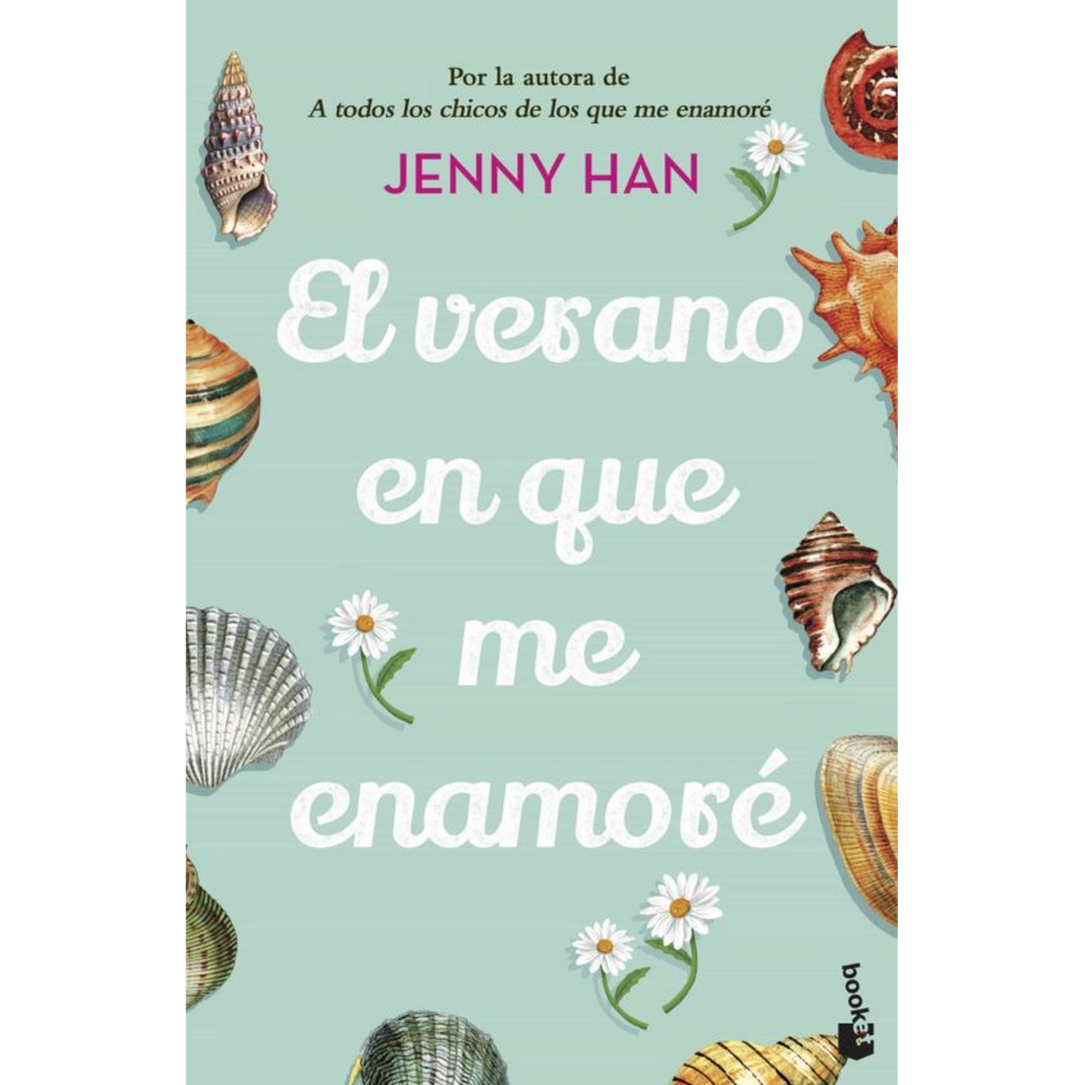 Portada del libro: 'El verano en que me enamoré' de Jenny Han. Conchas y flores sobre fondo turquesa.