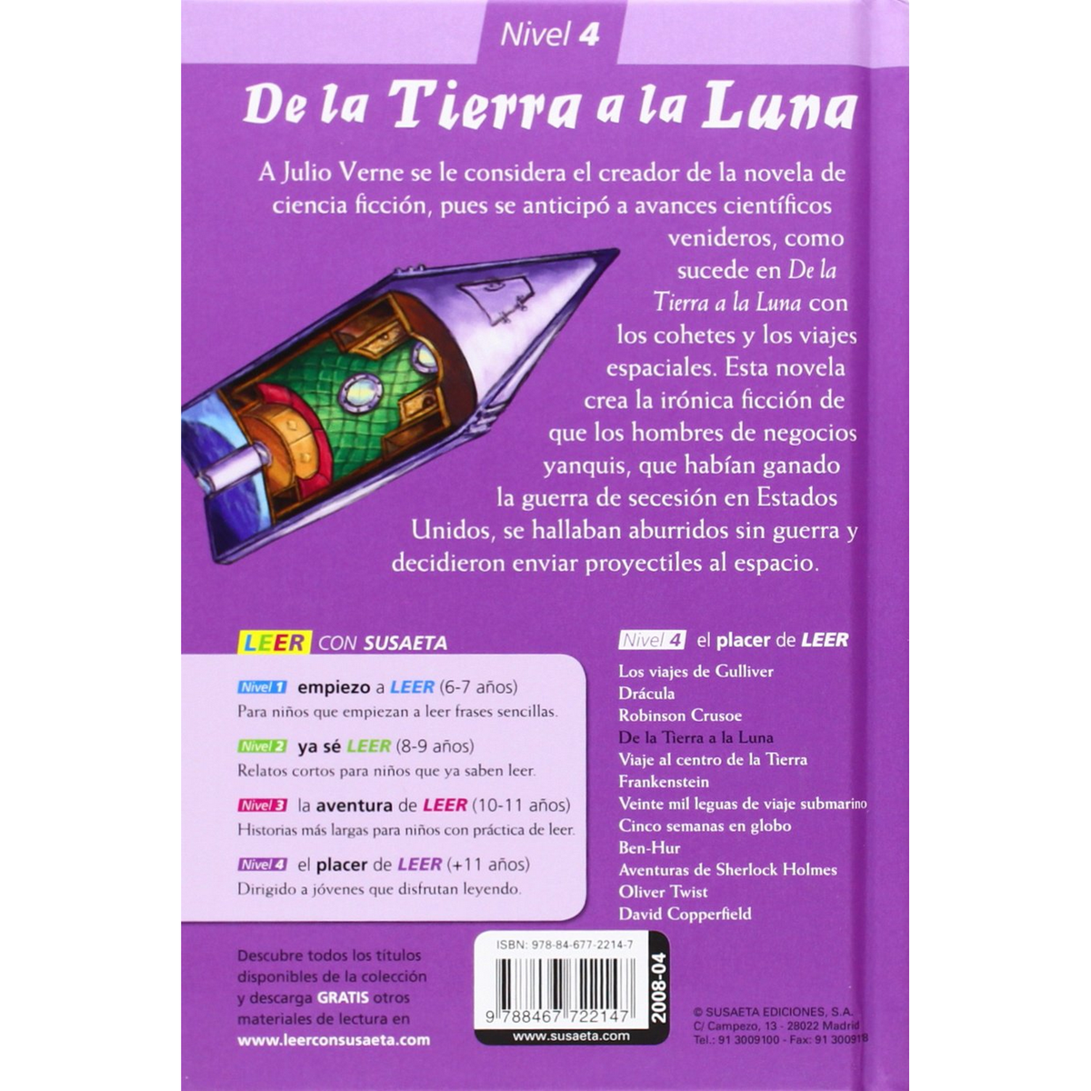 Portada de libro con texto sobre De la Tierra a la Luna, un cohete y el nombre del autor.