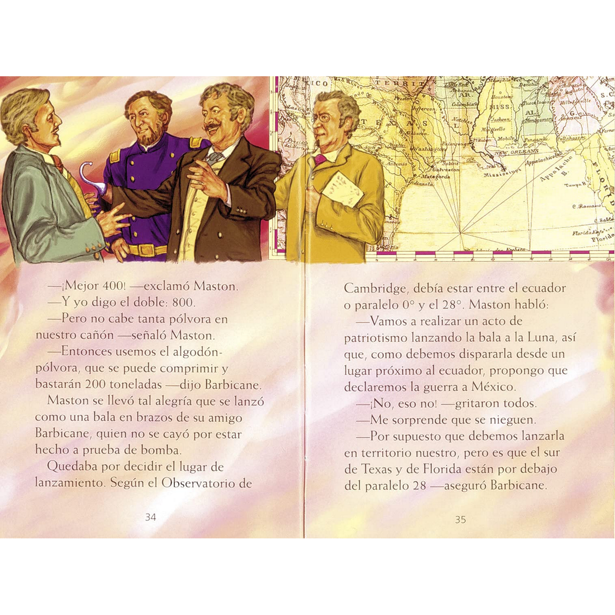 Ilustración histórica de hombres discutiendo, mapa al fondo, texto a los lados.
