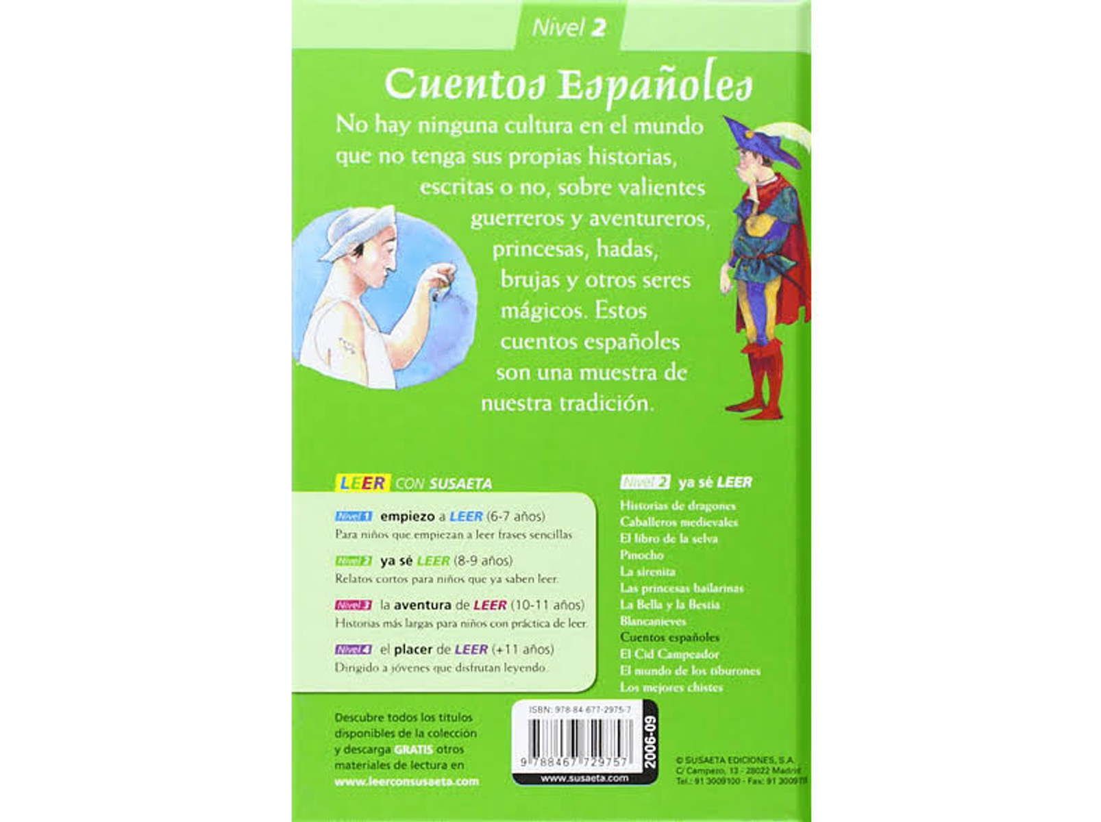 Contraportada de un libro. Texto en español con ilustraciones de una persona y un caballero. Fondo verde.