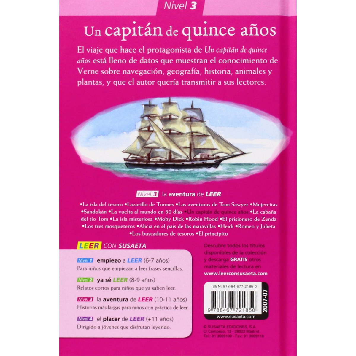 Portada de libro con ilustración de barco y texto sobre un capitán de 15 años.