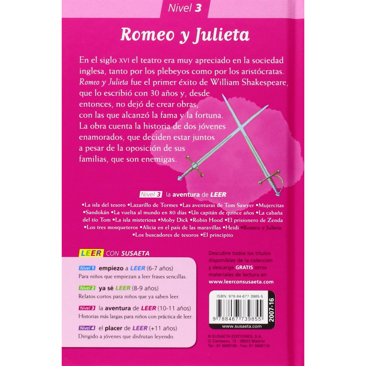 Una portada de libro en español sobre Romeo y Julieta. Texto y espadas sobre fondo blanco.
