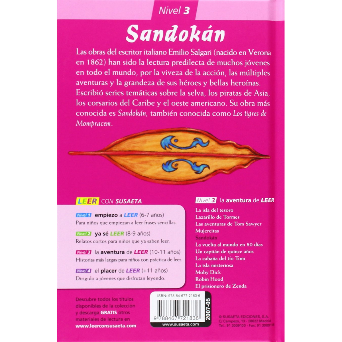 Portada de libro en español: Sandokán. Texto y un dibujo de un barco sobre fondo azul.