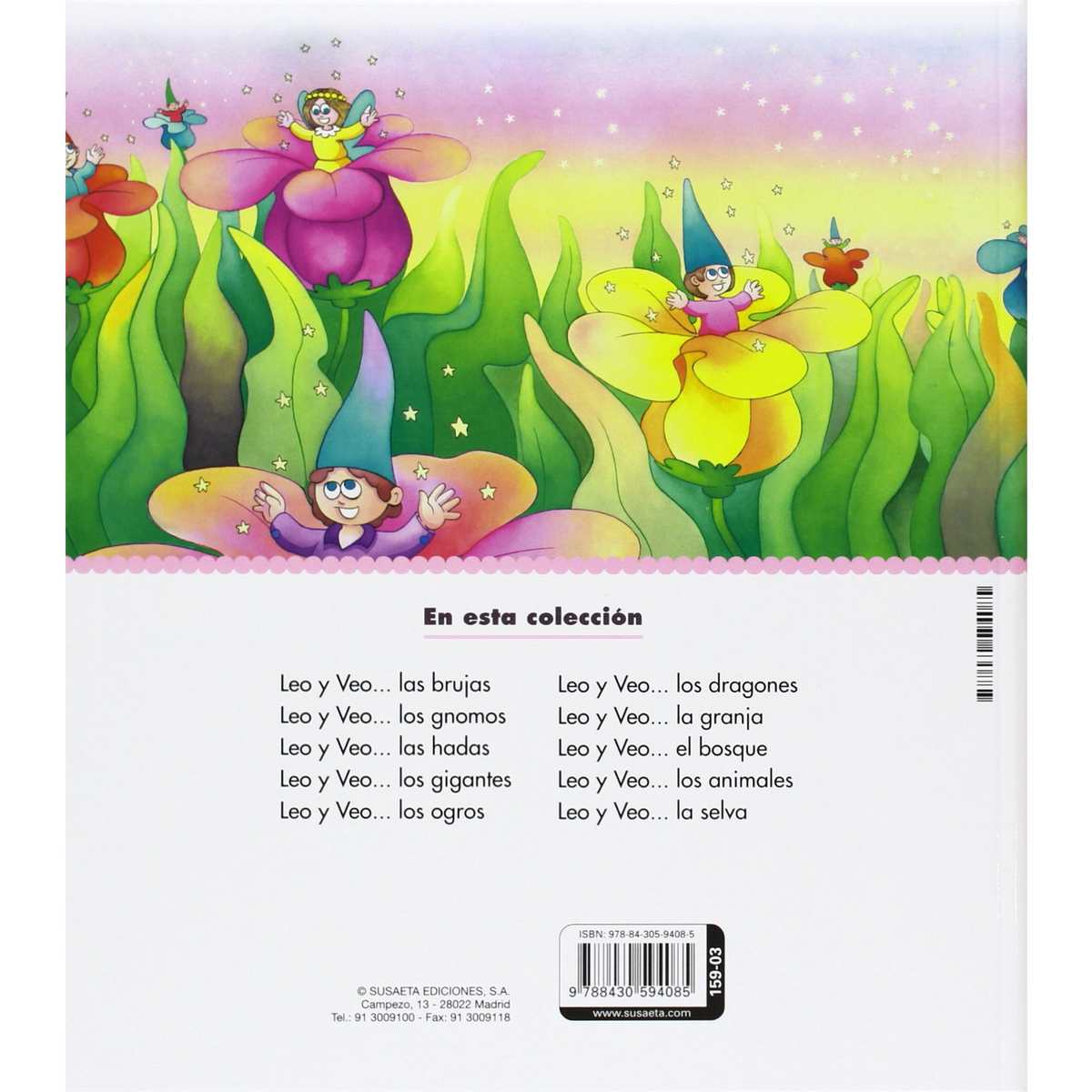La contraportada de un libro en español, con ilustraciones de flores y gnomos.