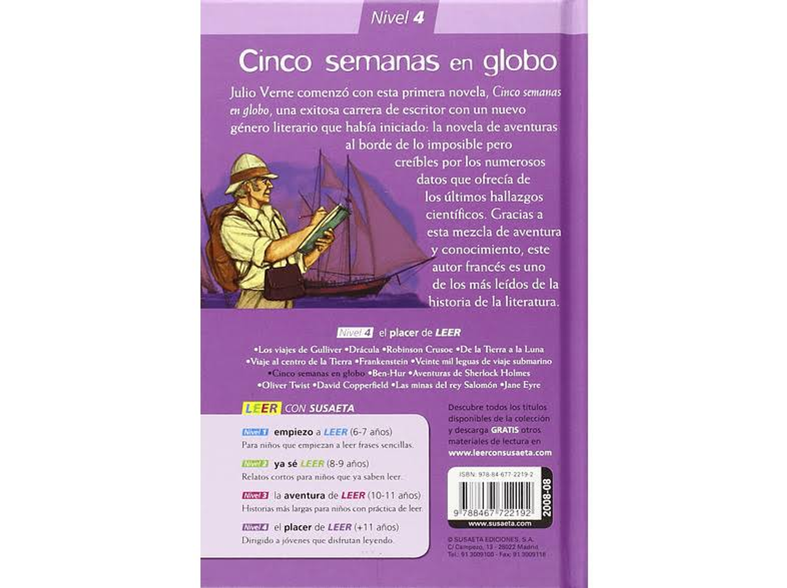 Portada del libro que muestra la parte posterior de un libro con texto sobre un libro en español. El libro se llama "Cinco Semanas en Globo".
