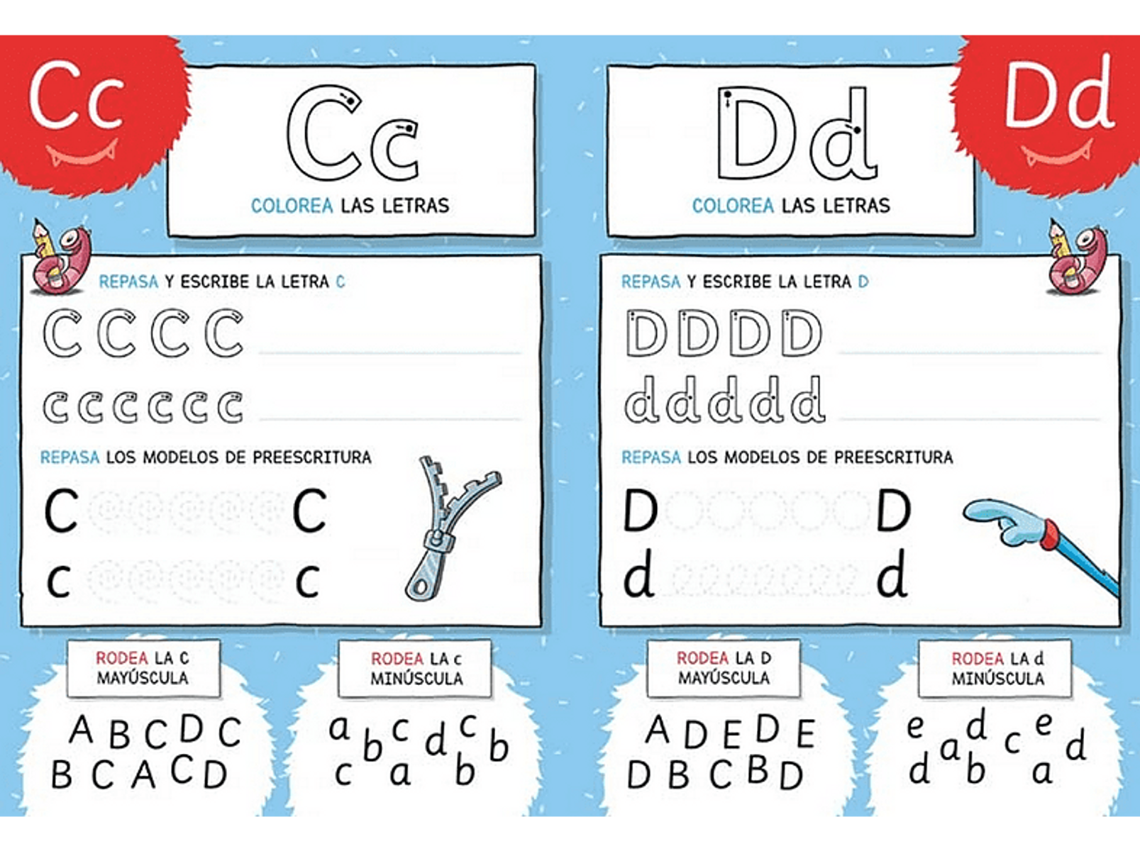 Un libro de trabajo para niños con letras, que muestra C y D, con ejemplos de práctica de escritura.