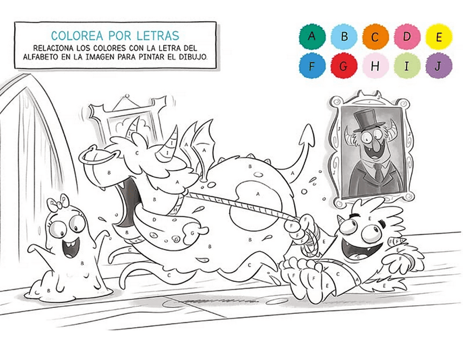 Página para colorear con tema de monstruos. Se dibujan varios monstruos de dibujos animados y un castillo.